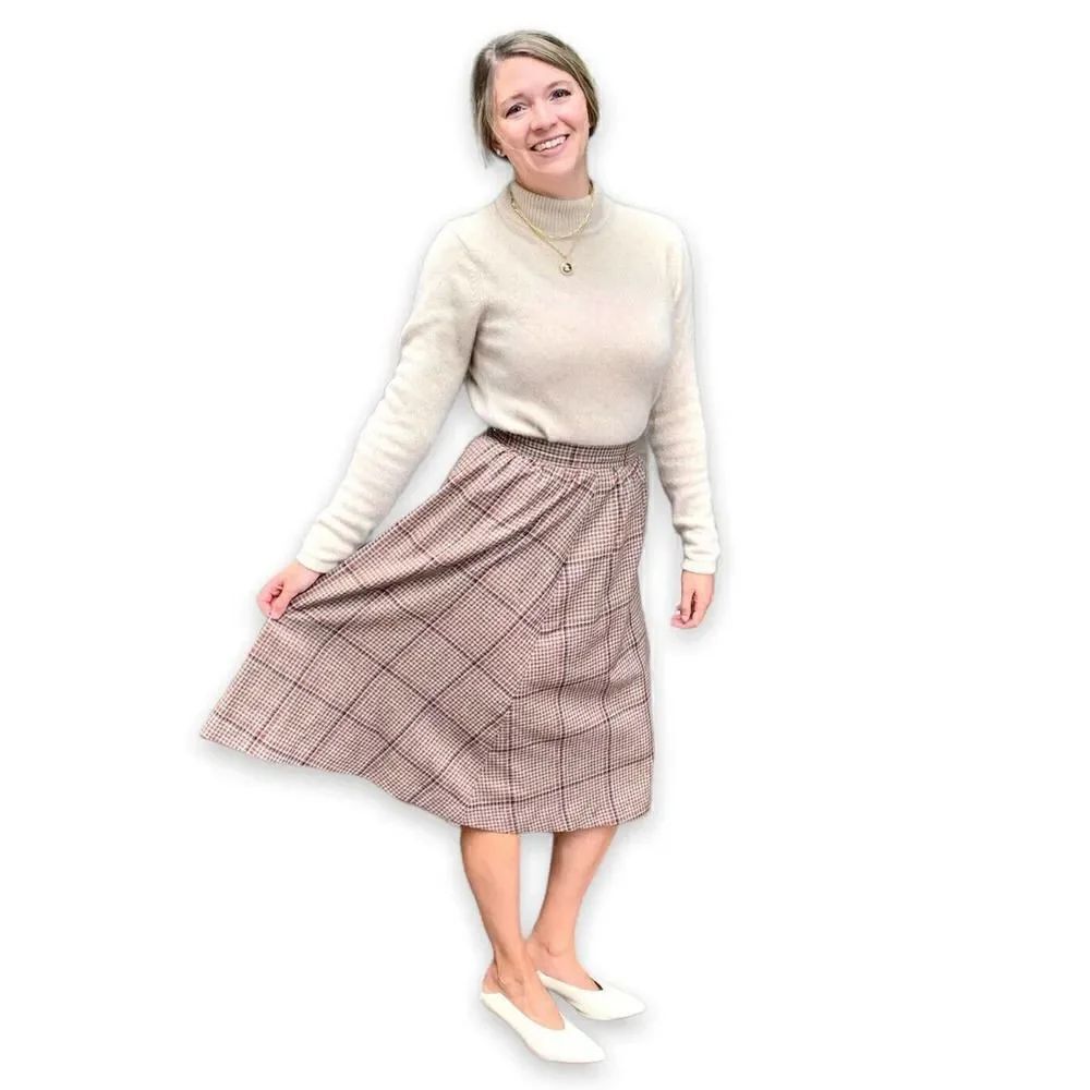 Vintage 80s Dark Academia Wool Tweed Plaid High Waist Midi Skirt VTG Size 14 (S)